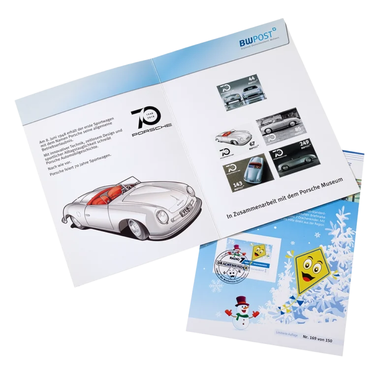 Abbildung von limitierten Ersttagskarten von 70 Jahre Porsche Museum der BWPost sowie der Radio 7 Drachenkinder der Südmail