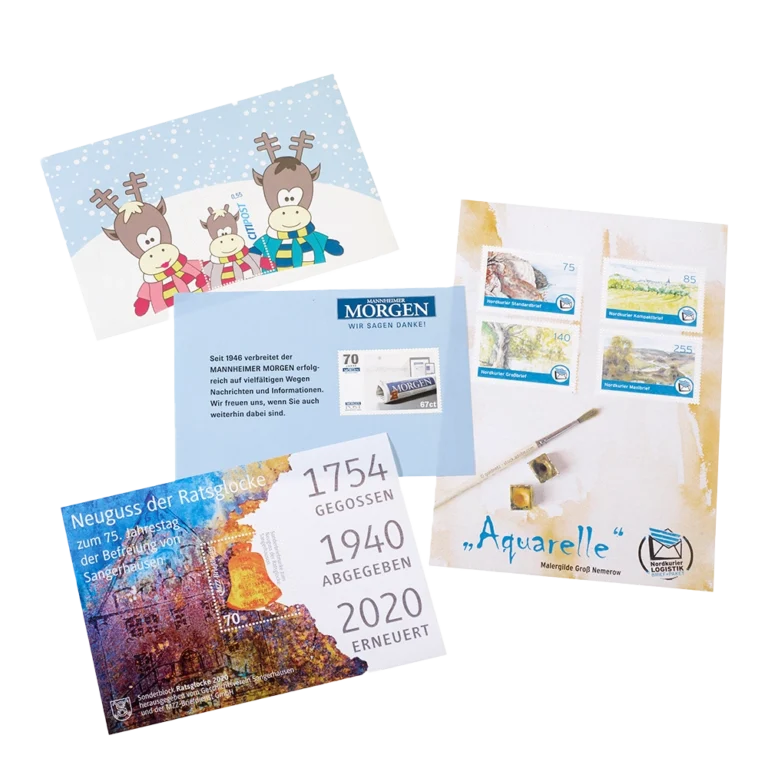 Abbildung verschiedener Schmuckbögen der ISTAMPS von den Briefdiensten Nordkurier, MorgenPost, Citipost und MZZ-Briefdienst